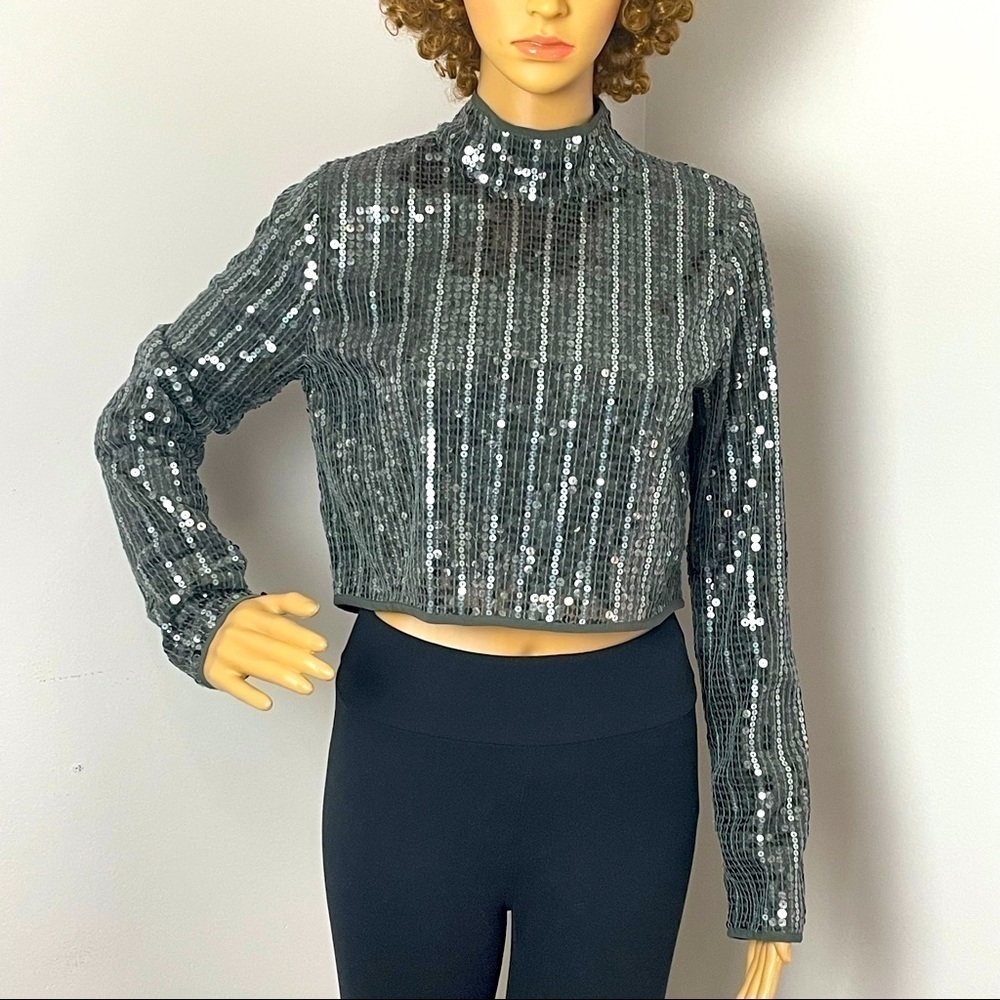 NBD Silver Shimmer Disk Crop Top – Medium NWT Mock Neck Long Sleeve